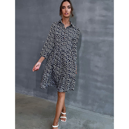 YESFASHION Fashion Women Shirt Lapel Long Sleeve Print Dress