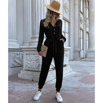 YESFASHION Casual Thin Long-sleeved Black Jumpsuit Pants