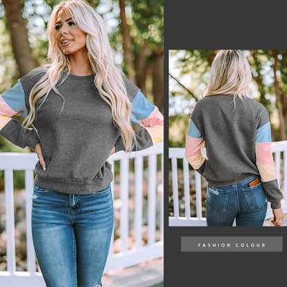 YESFASHION Round Neck Long-sleeved Top Contrast Sweatshirts