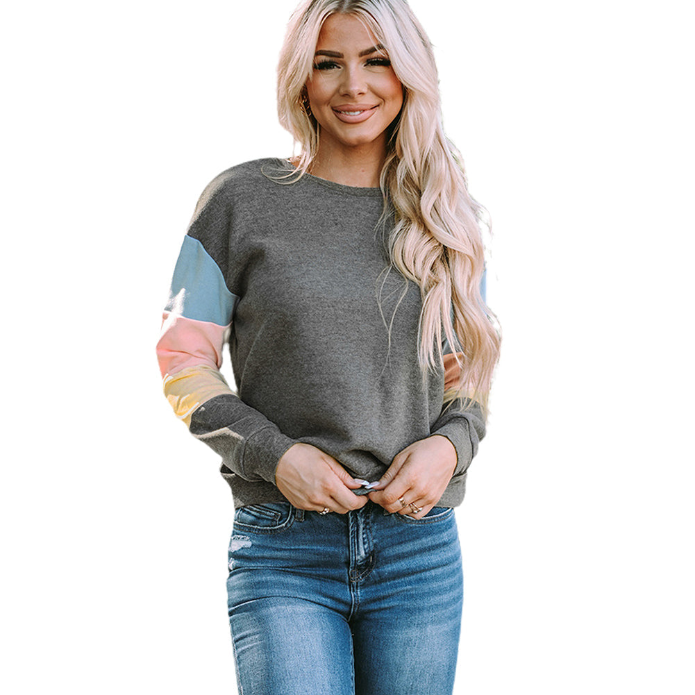 YESFASHION Round Neck Long-sleeved Top Contrast Sweatshirts