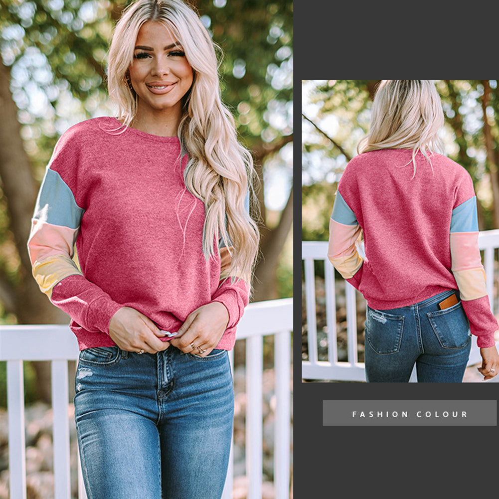 YESFASHION Round Neck Long-sleeved Top Contrast Sweatshirts