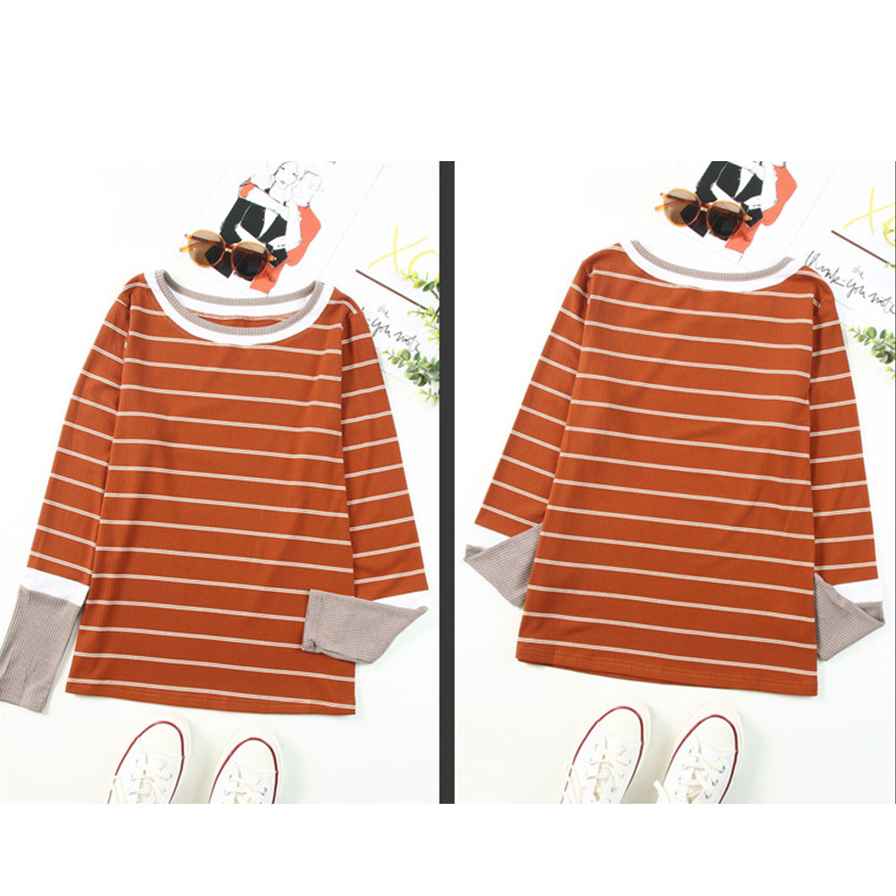 YESFASHION Striped Round Neck Bottoming Shirt Women Tops