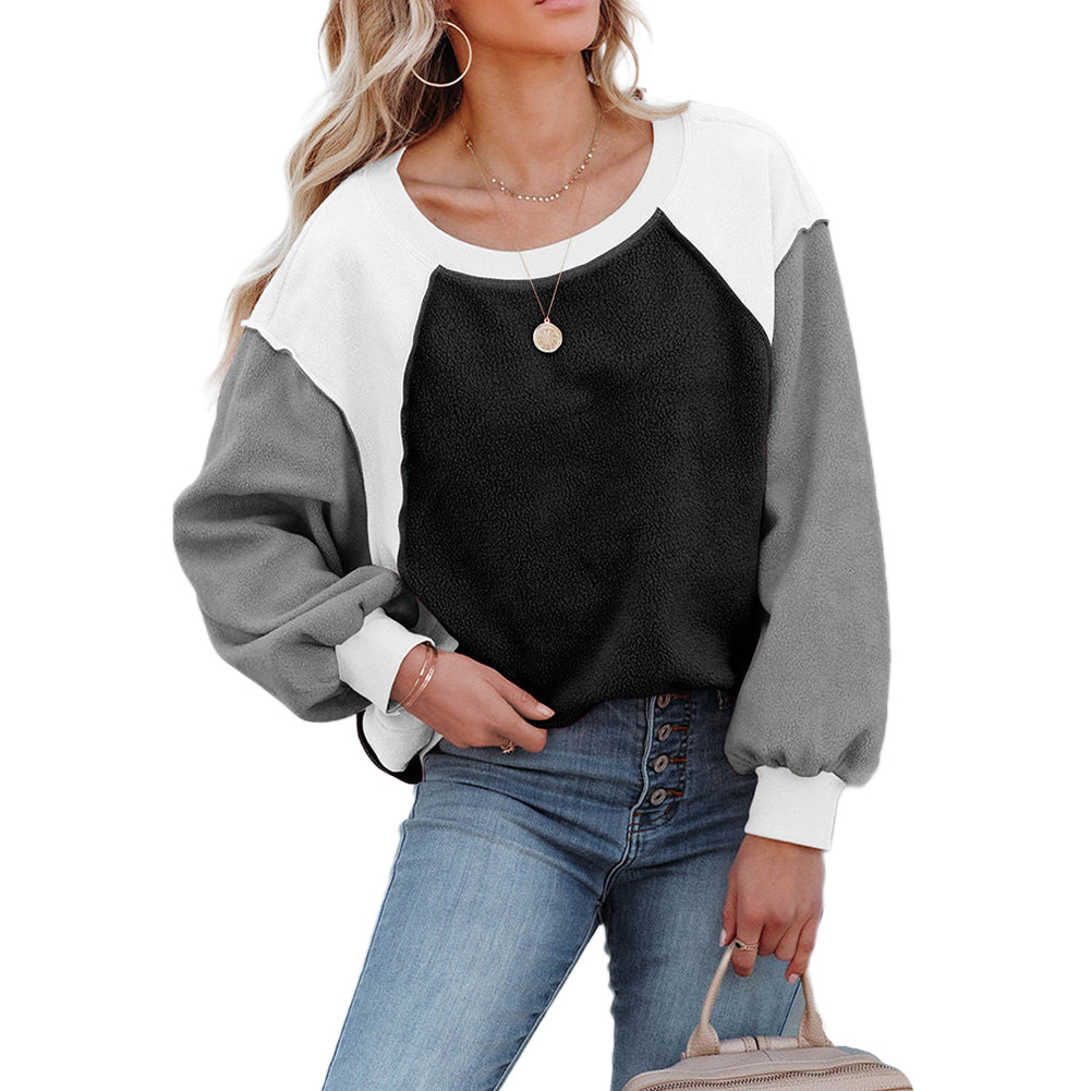 YESFASHION Fleece Lantern Sleeve Sweater Women Pullover Tops