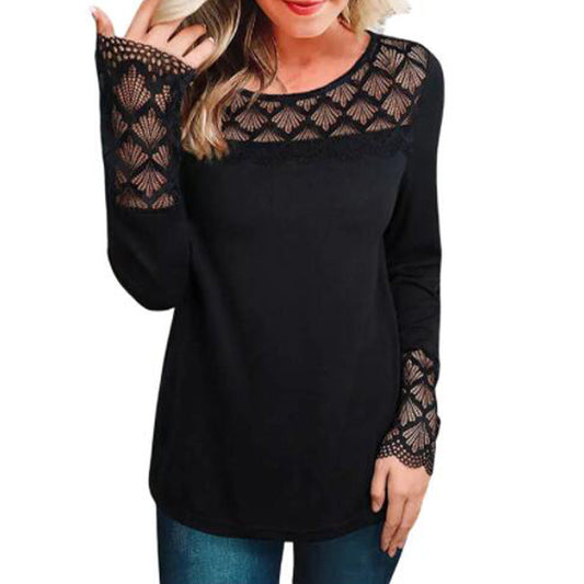 YESFASHION Slim Bottoming Tops Women Lace Stitching Hollow