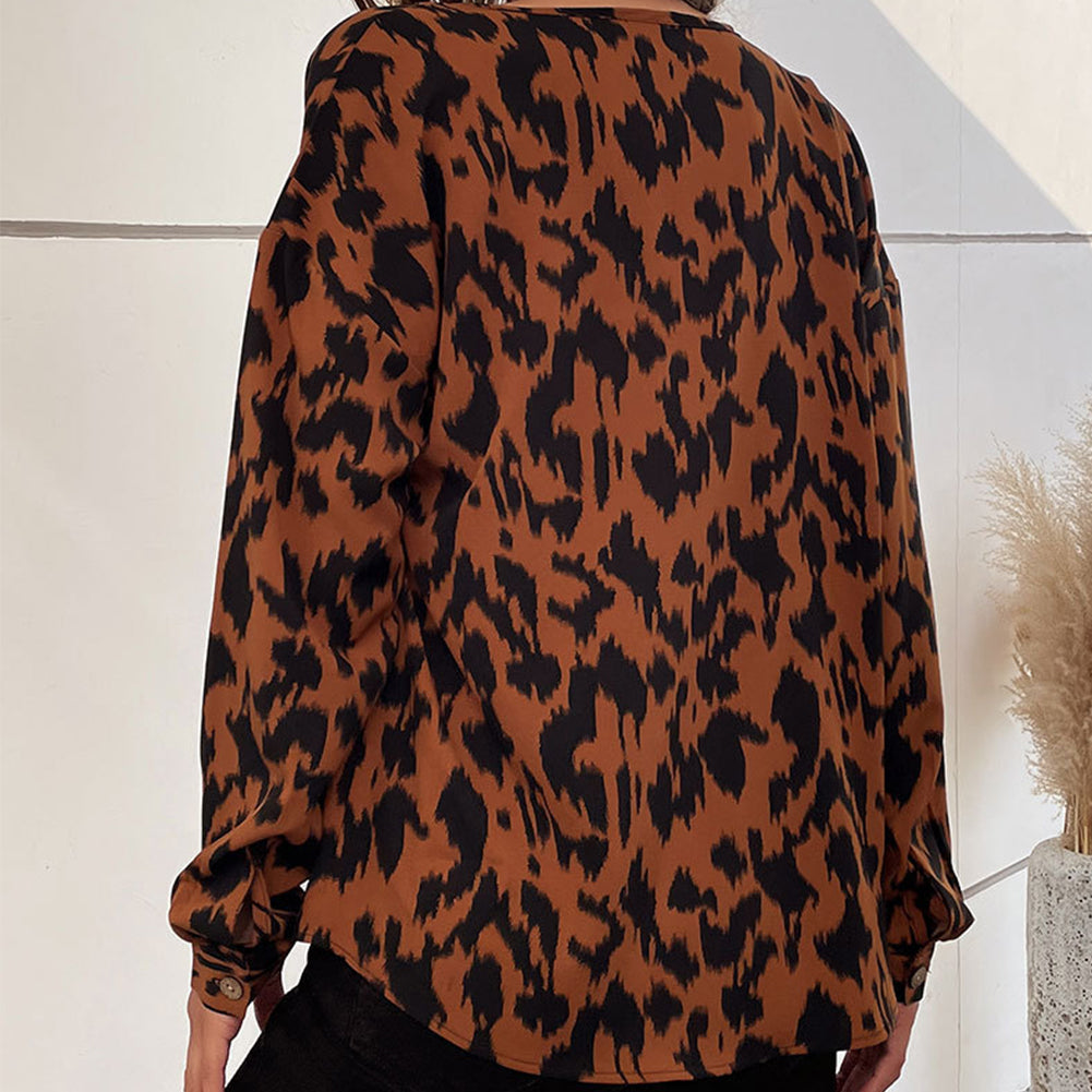 YESFASHION Round Neck Long Sleeve Leopard Print Shirt Tops