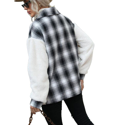 YESFASHION Women Double-faced Fleece Plaid Stitching Coats PBY-10D2