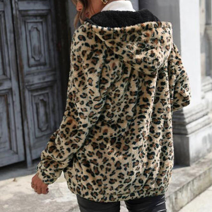 YESFASHION Women Hooded Leopard-print Coats Loose Casual Jacket
