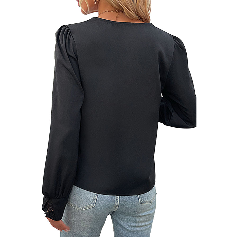 YESFASHION Women Tops Spring New Long-sleeved V-neck Lace Shirt