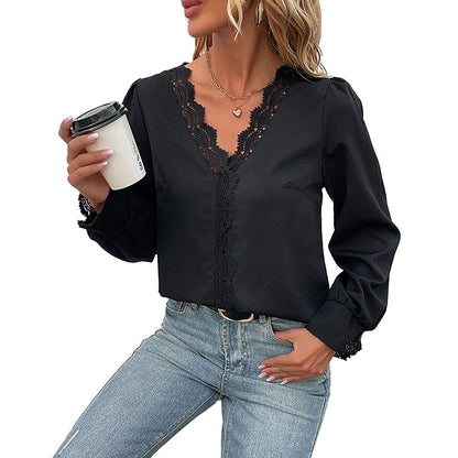 YESFASHION Women Tops Spring New Long-sleeved V-neck Lace Shirt