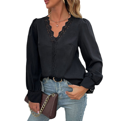 YESFASHION Women Tops Spring New Long-sleeved V-neck Lace Shirt