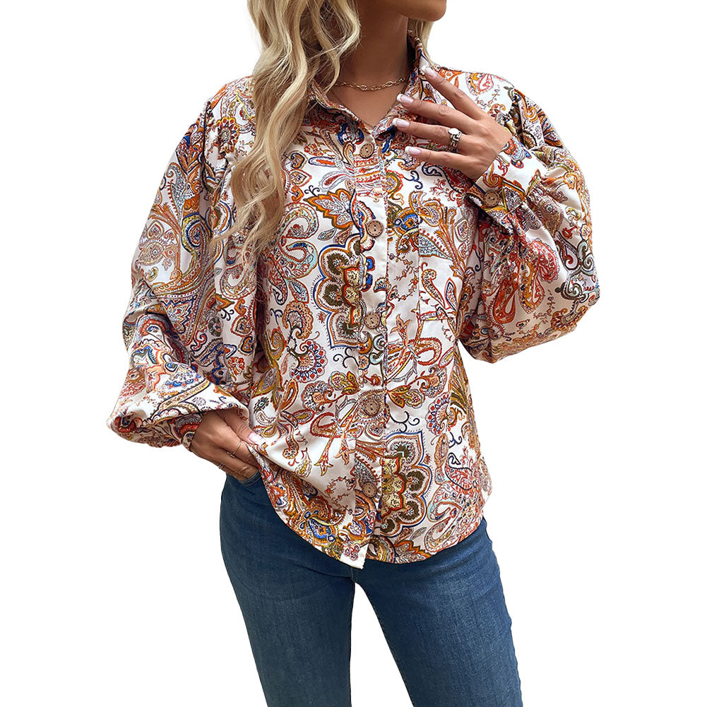 YESFASHION Women Spring New Lapel Long Sleeve Tops Printed Shirt