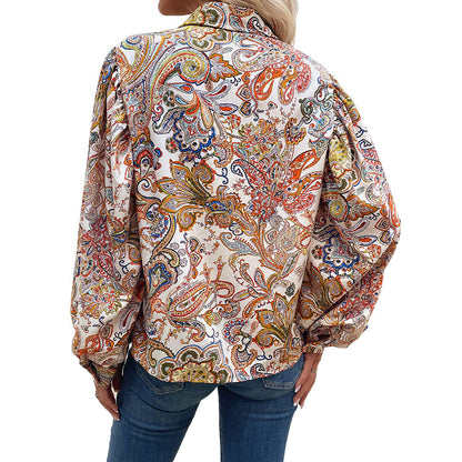 YESFASHION Women Spring New Lapel Long Sleeve Tops Printed Shirt