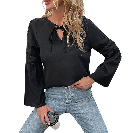 YESFASHION Women Spring Tops Solid Color Long Sleeve Stitching Lace Shirt