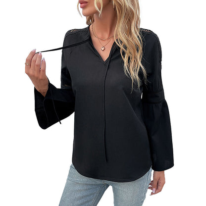 YESFASHION Women Spring Tops Solid Color Long Sleeve Stitching Lace Shirt