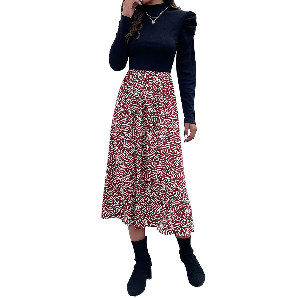 YESFASHION Women Spring Half-high Collar Stitching Puff Sleeve Dress