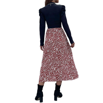 YESFASHION Women Spring Half-high Collar Stitching Puff Sleeve Dress