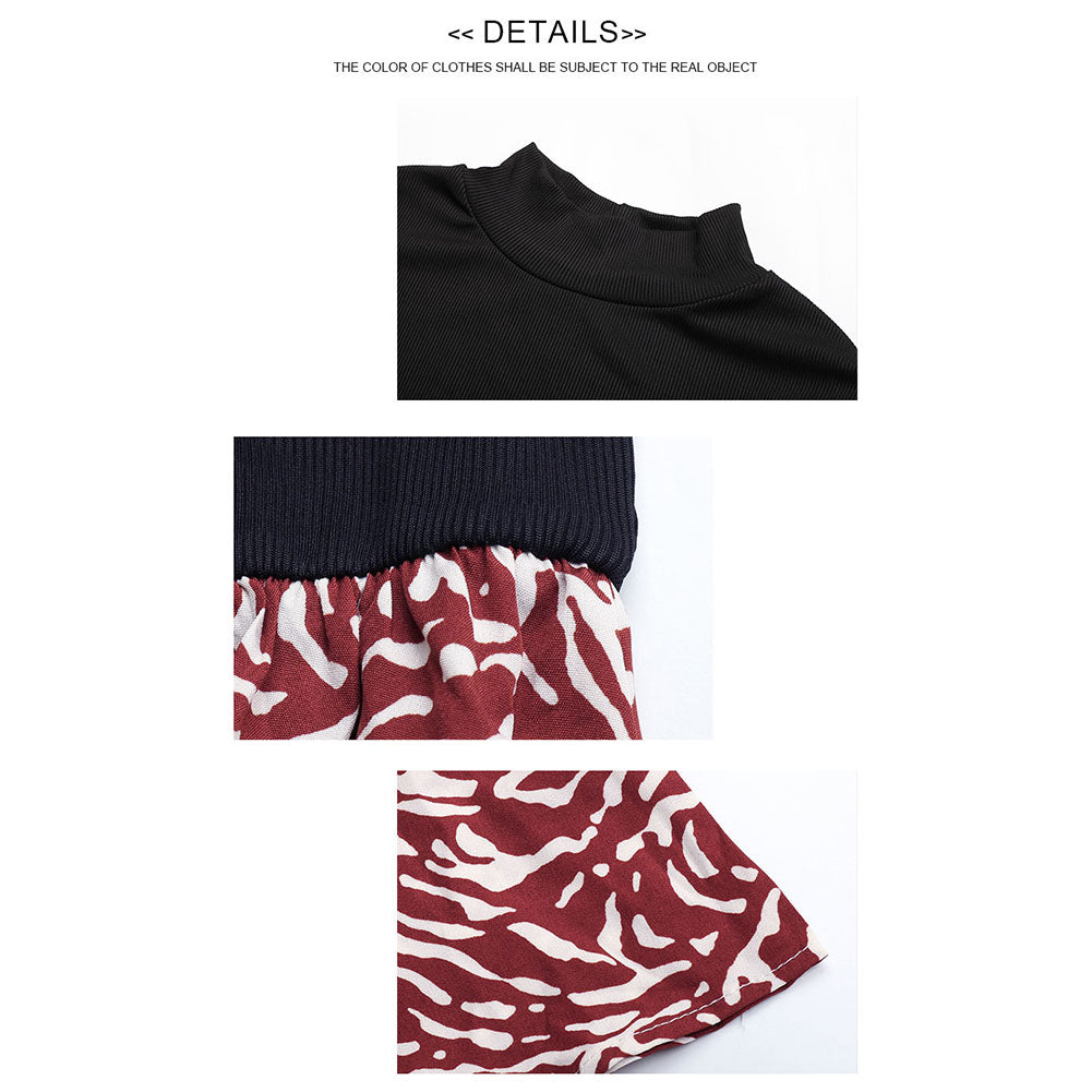 YESFASHION Women Spring Half-high Collar Stitching Puff Sleeve Dress