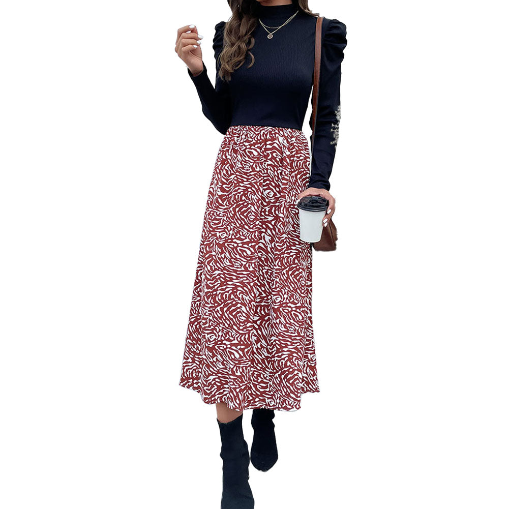 YESFASHION Women Spring Half-high Collar Stitching Puff Sleeve Dress