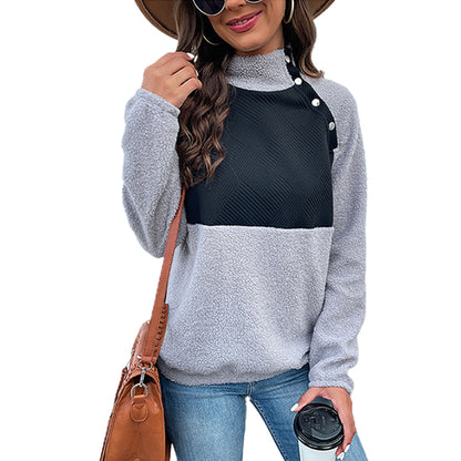 YESFASHION Color Block Long Sleeve Mock Neck Fleece Sweatshirts
