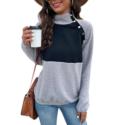 YESFASHION Color Block Long Sleeve Mock Neck Fleece Sweatshirts