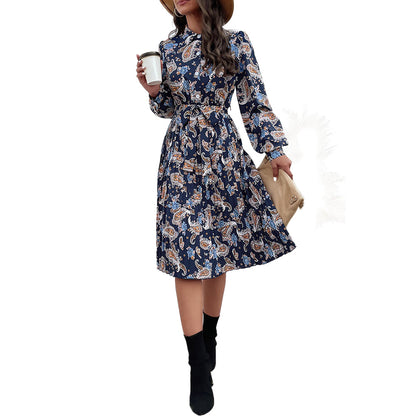 YESFASHION Women New Long Sleeve Printed Lapel Spring Dress