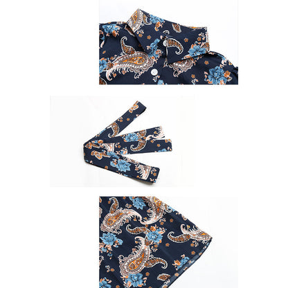 YESFASHION Women New Long Sleeve Printed Lapel Spring Dress