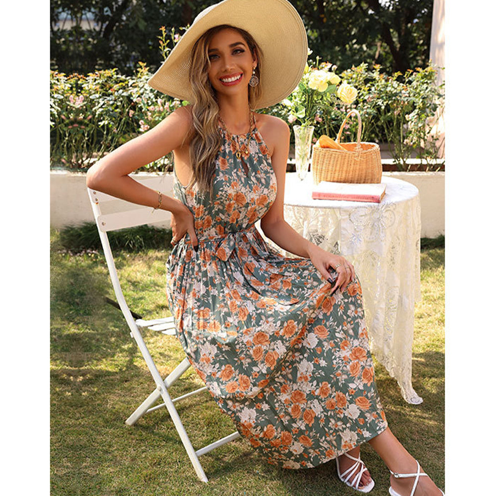 YESFASHION Suspender Straps Halter Neck Pleated Print Dress