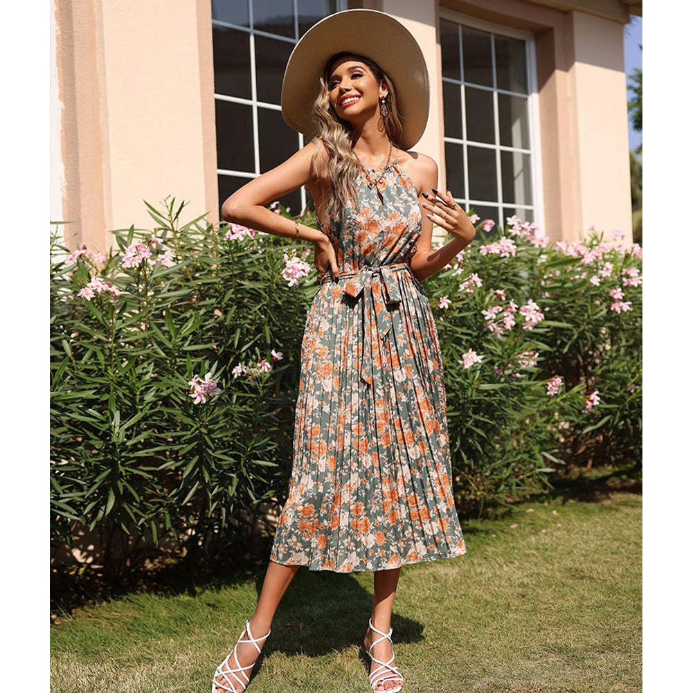 YESFASHION Suspender Straps Halter Neck Pleated Print Dress