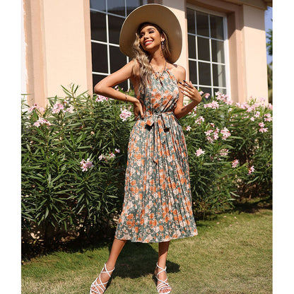 YESFASHION Suspender Straps Halter Neck Pleated Print Dress