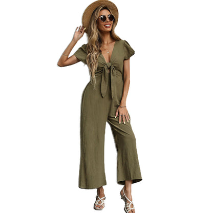 YESFASHION New Sexy Nine-point Cotton Linen Wide-leg Casual Jumpsuit