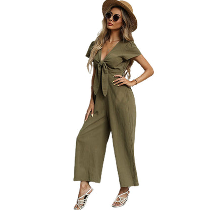 YESFASHION New Sexy Nine-point Cotton Linen Wide-leg Casual Jumpsuit