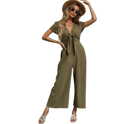 YESFASHION New Sexy Nine-point Cotton Linen Wide-leg Casual Jumpsuit