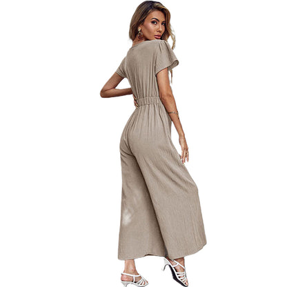 YESFASHION New Sexy Nine-point Cotton Linen Wide-leg Casual Jumpsuit