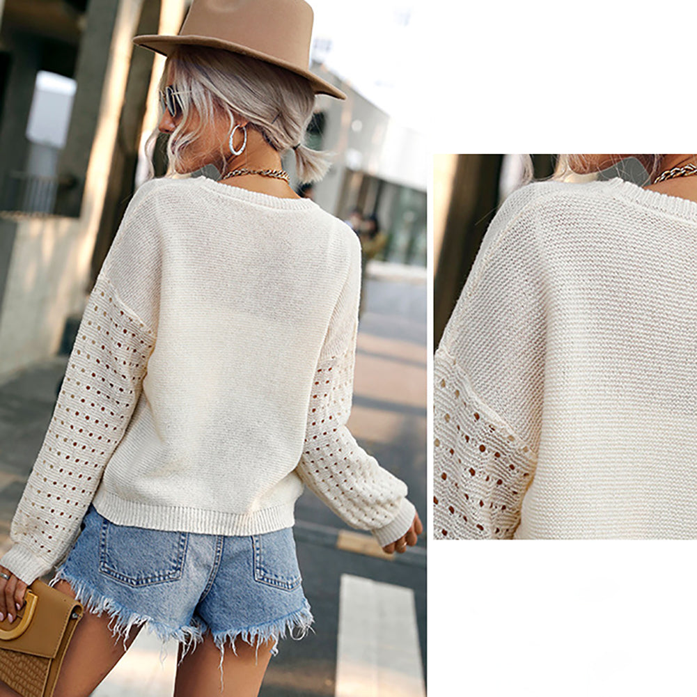 YESFASHION Fashion Thin Cutout Long-sleeved White Knit Sweaters