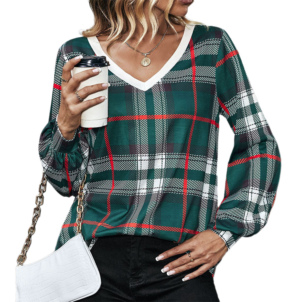 YESFASHION Women Fashion Loose Plaid Long-sleeved V-neck Tops