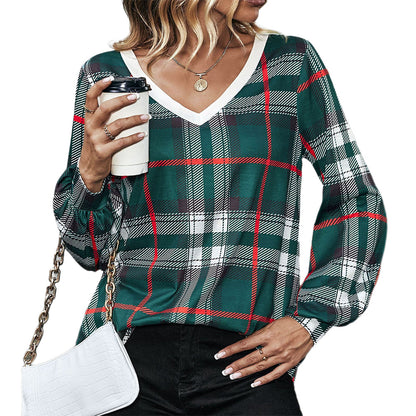 YESFASHION Women Fashion Loose Plaid Long-sleeved V-neck Tops