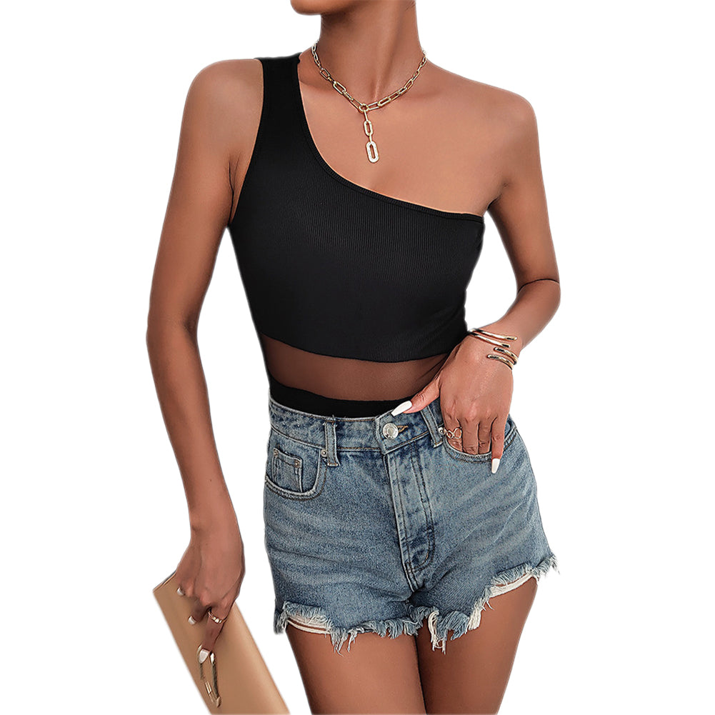 YESFASHION Women Tight Mesh Sleeveless One-shoulder Jumpsuit
