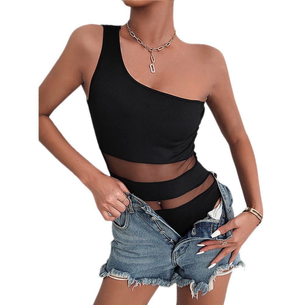 YESFASHION Women Tight Mesh Sleeveless One-shoulder Jumpsuit