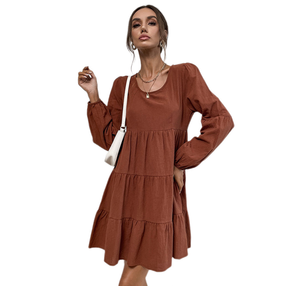 YESFASHION Women New Fashion Short Solid Color Long-sleeved Dress