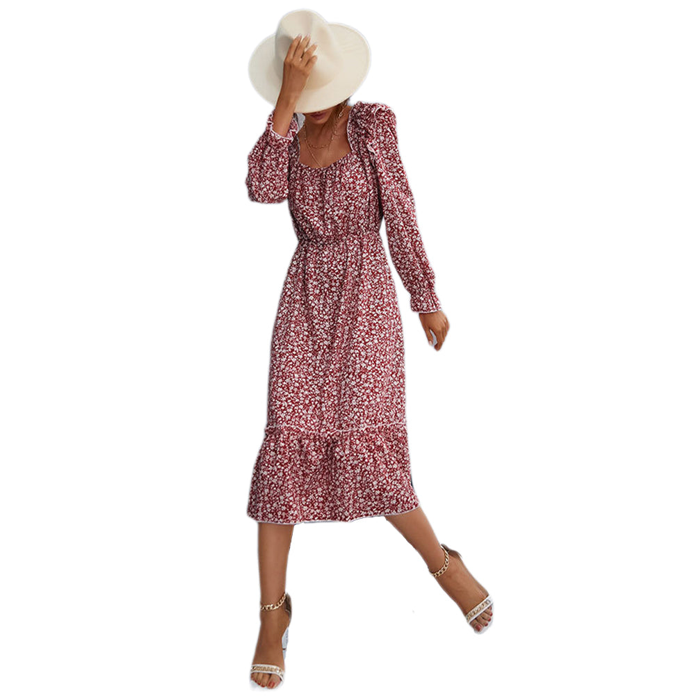 YESFASHION Women Long-sleeved Floral Square Neck Dress