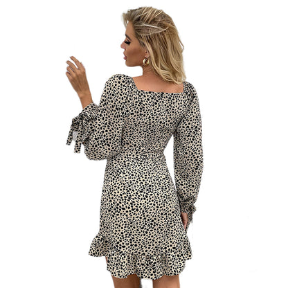 YESFASHION Women Spring New Leopard V-neck Long-sleeved Dress