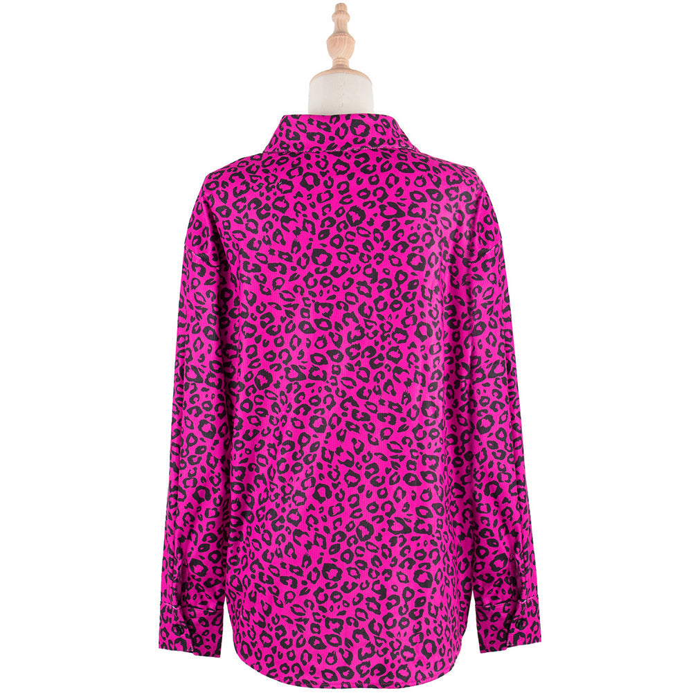 YESFASHION Women Shirt Jacket Leopard Lapel Corduroy Casual Jacket