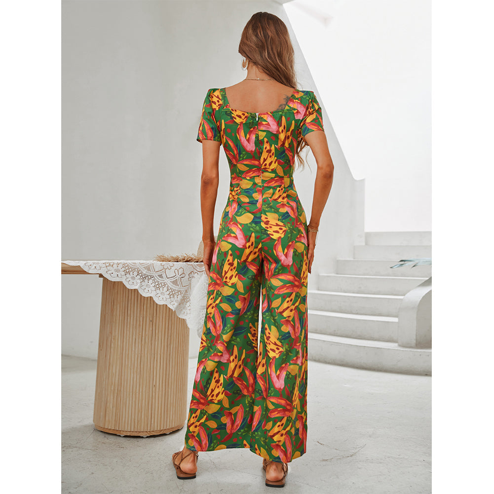 YESFASHION High Waist Short-sleeved Straight-leg Pants Slim Jumpsuit