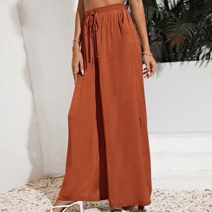 YESFASHION Solid Elastic Waist Loose Wide-leg Pants