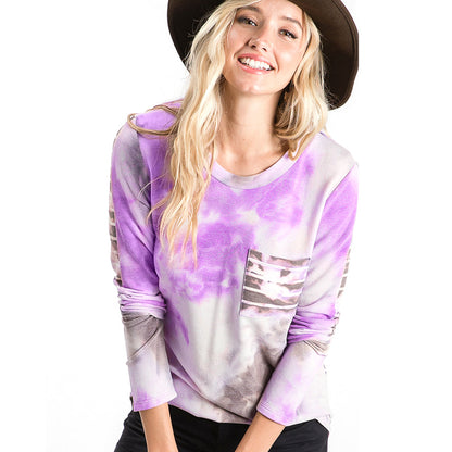 YESFASHION Striped Tie-dye Pocket Casual Loose Tops T-shirt