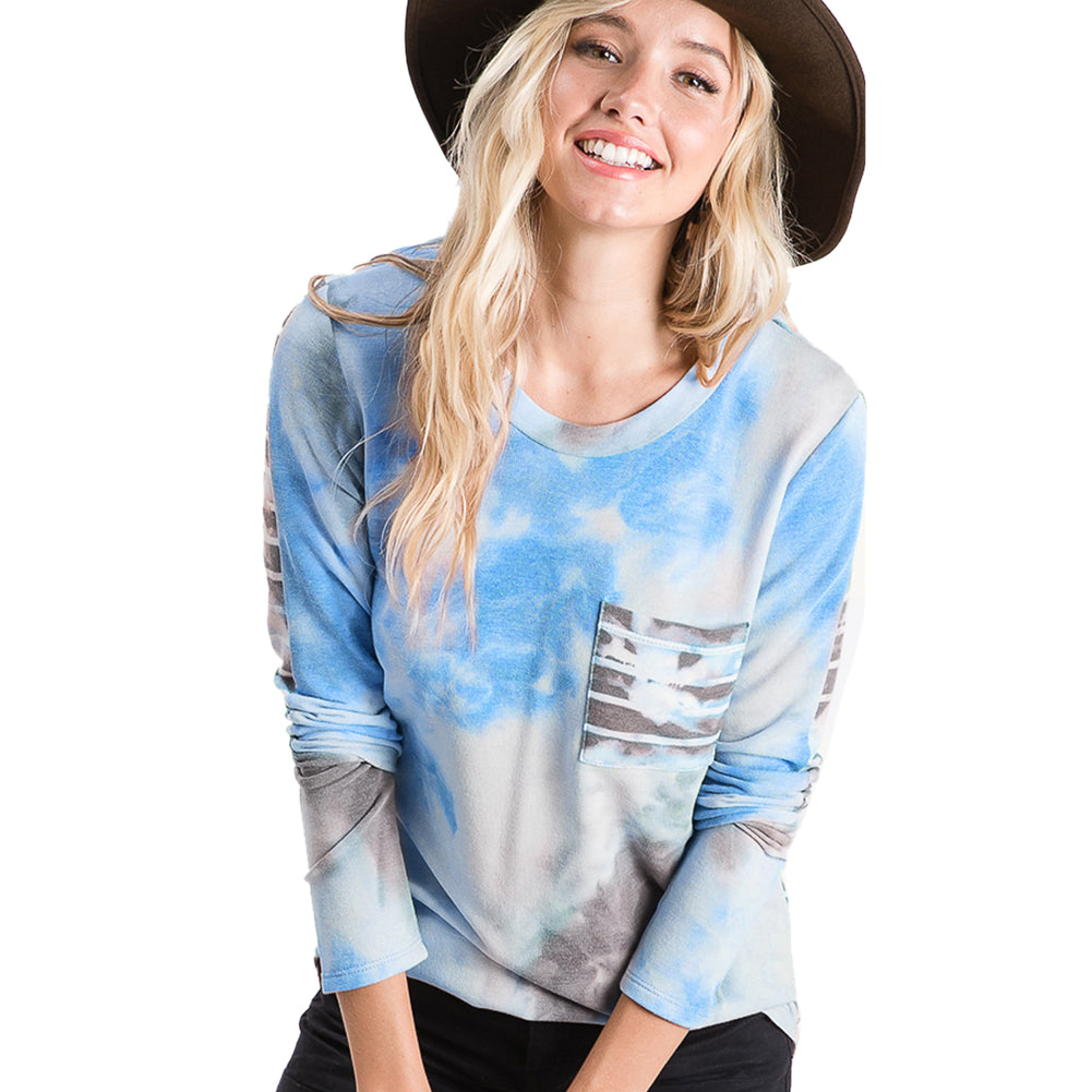YESFASHION Striped Tie-dye Pocket Casual Loose Tops T-shirt