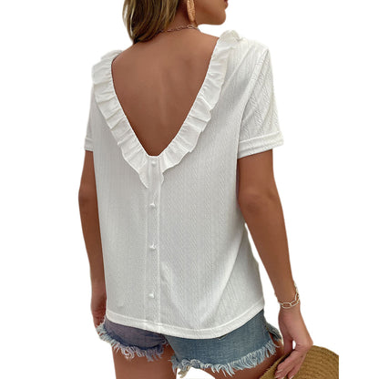 YESFASHION Women Fashion Solid Color Tops Short-sleeved Shirts