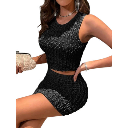 YESFASHION Round Neck Slim Vest High Waist Bag Hip Tight Skirt Suit