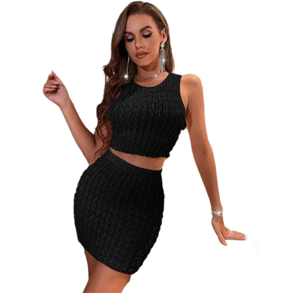 YESFASHION Round Neck Slim Vest High Waist Bag Hip Tight Skirt Suit