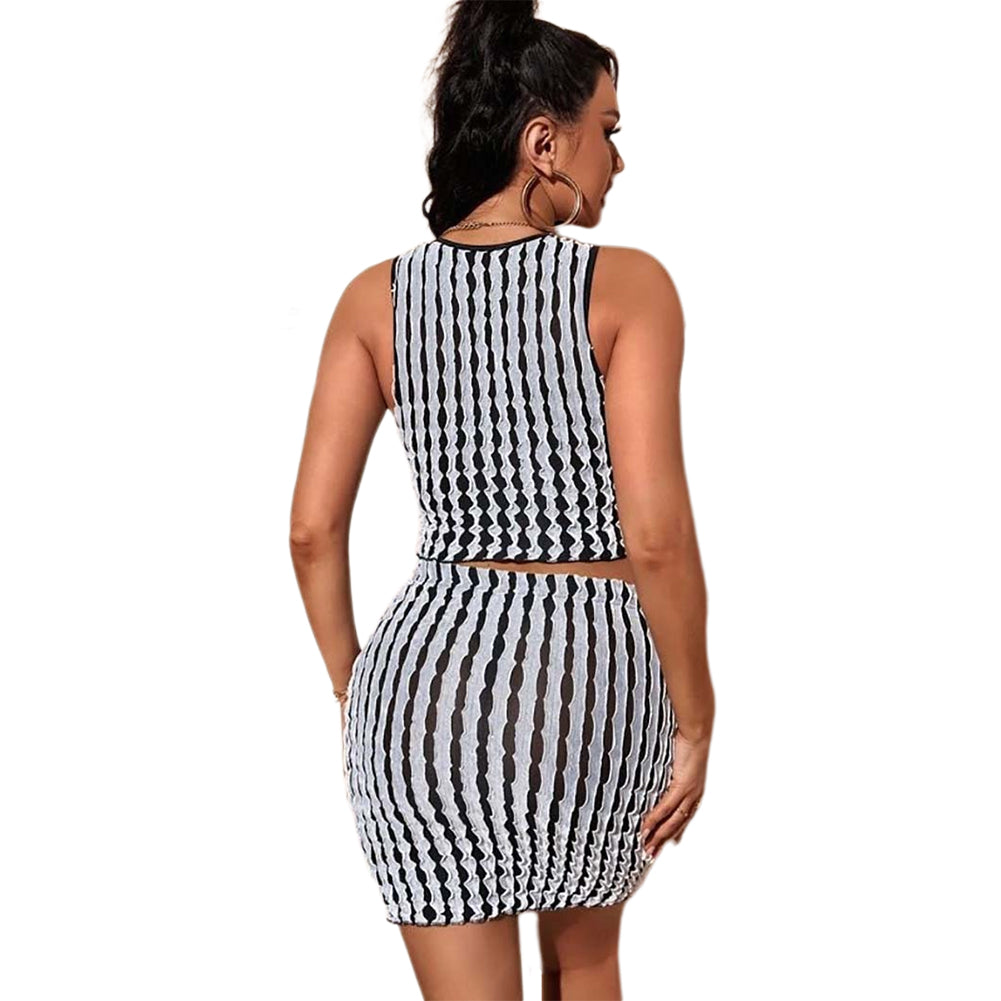 YESFASHION Round Neck Slim Vest High Waist Bag Hip Tight Skirt Suit